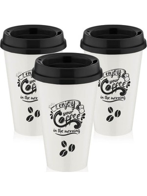 1001 Enjoy Your Coffee Baskılı Kapaklı Plastik Bardak, 3'lü Set Kahve Bardağı