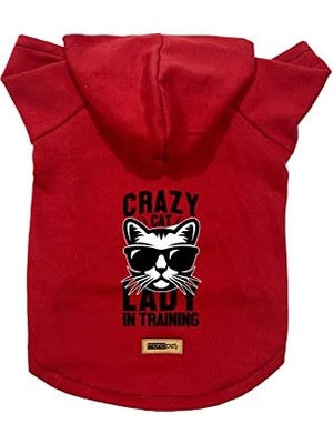 Frefly Store Kapişonlu Polar Sweatshirt Köpek ve Kedi Kıyafeti & Elbisesi - Kırmızı Crazy Cat Xs Beden