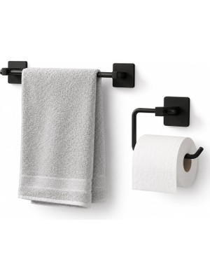 1001 2’li Siyah Banyo Aksesuar Seti, Uzun Havluluk ve Wc Tuvalet Kağıtlığı, Hem Yapışkanlı Hem