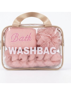1001 4 Parça Şeffaf Makyaj ve Banyo Çantası Seti - Pembe Banyo Lifi, Sırt Kesesi ve Mikrofiber El Ha