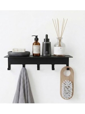 Frefly Store Orret Home Yapışkanlı Metal Banyo Rafı 5 Kancalı Duvar Rafı Organizer Dekoratif Raf Siyah Paslanmaz Duvar Rafı Havluluk Askılık Banyo Mutfak Çok Amaçlı Raf