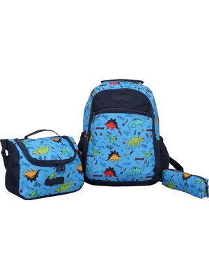 1001 Kids Erkek Mavi Dinazor Model Kalemlikli Beslenmeli Set Sırt Çantası
