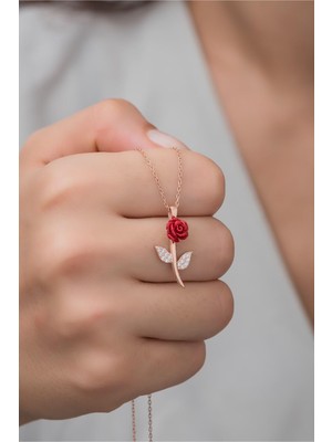 1001 925 Ayar Gümüş Rose Zirkon Taşlı Gül Kolye