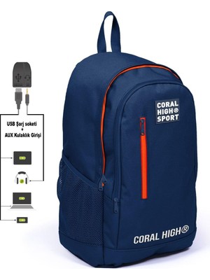 1001 Sport Lacivert Üç Bölmeli USB Şarjlı Kulaklık Çıkışlı Sırt Çantası 23232