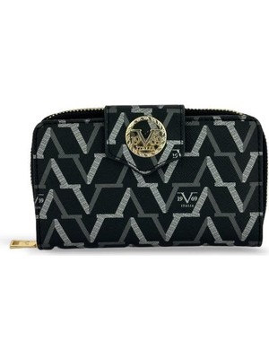 1001 19V69 Italya Kadın Cüzdanı, Siyah Monogram Desen, 16X10X2 Cm, 12 Kart Gözü, Bozuk ve Kağıt P