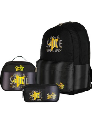 1001 Star Çift Ana Bölmeli Unisex Çocuk Ilkokul Çanta Set Siyah