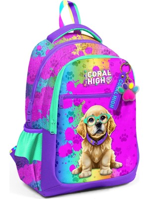 1001 Mor Pembe Köpek Desenli Kız Çocuk Ilkokul Çantası ve Günlük Sırt Çantası