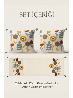 Buldan Natura Yıldız Çiçek Desenli Punch Nakışlı 2 Adet 42×42 cm Kırlent Kılıfı + 40×130 cm Runner 3’lü Set