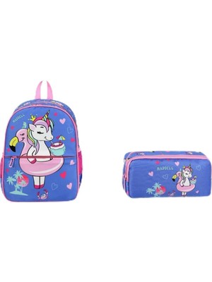 1001 Unicorn Anaokul Çantası ve Kalem Kutu, Lila-Pembe