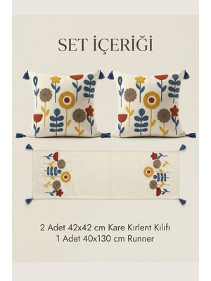 Buldan Natura Yıldız Çiçek Desenli Punch Nakışlı 2 Adet 42×42 cm Kırlent Kılıfı + 40×130 cm Runner 3’lü Set