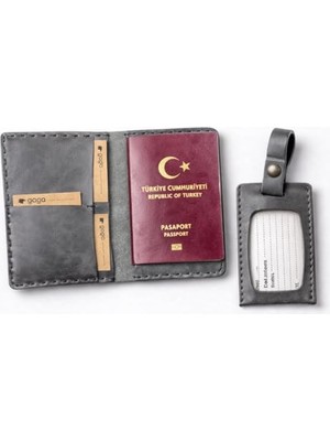 1001 Hakiki Deri Pasaport Kılıfı & Valiz Etiketi Seti – El Yapımı Unisex Pasaport Cüzdan – 4 Ka