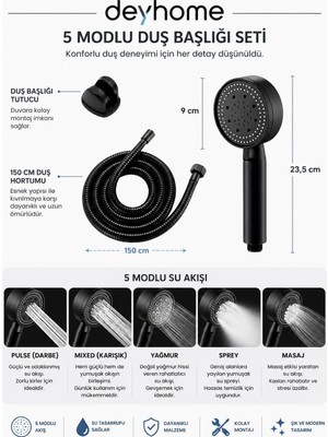 1001 5 Kademeli Siyah Duş Başlığı +Kendiliğinden Yapışkanlı Mafsal (Askı) + 150 cm Örgülü Ho