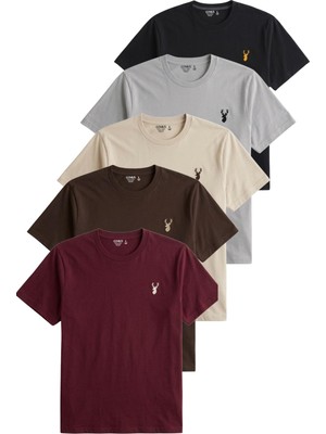 1001 Erkek 5'li TIŞÖRT%100 Pamuk Süprem Rahat Kalıp Basic Tişört Bisiklet Yaka Nakışlı T-Shirt E