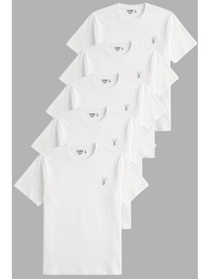 1001 Erkek 5'li TIŞÖRT%100 Pamuk Süprem Rahat Kalıp Basic Tişört Bisiklet Yaka Nakışlı T-Shirt E