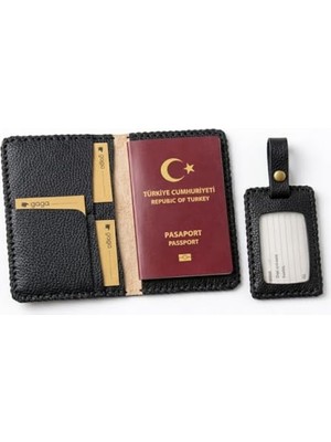 1001 Hakiki Deri Pasaport Kılıfı & Valiz Etiketi Seti – El Yapımı Unisex Pasaport Cüzdan – 4 Ka