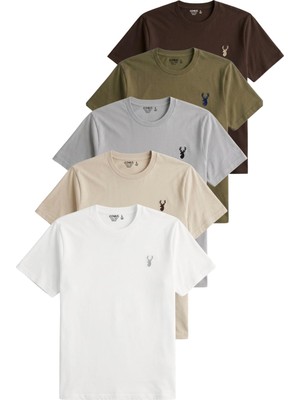 1001 Erkek 5'li TIŞÖRT%100 Pamuk Süprem Rahat Kalıp Basic Tişört Bisiklet Yaka Nakışlı T-Shirt E