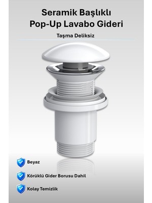 1001 Elixir Seramik Pop-Up Lavabo Gideri | Taşma Deliksiz Parlak Beyaz | Üniversal Sızdırmaz Somunlu