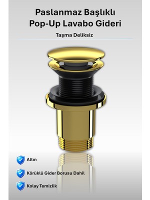 1001 Felix Paslanmaz Pop-Up Lavabo Gideri | Taşma Deliksiz Altın | Üniversal Sızdırmaz Somunlu
