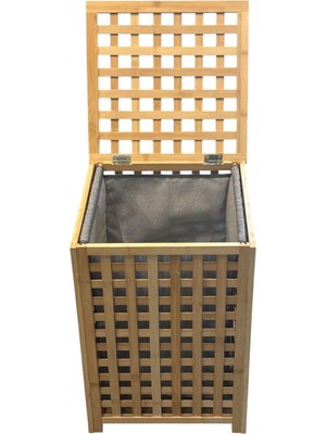 1001 Bambu Çamaşır Sepeti Kapaklı, 40X38X56 Cm, Gri Iç Torbalı, Çıkaralabilir Torba, Montaj Vida
