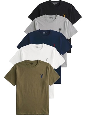 1001 Erkek 5'li TIŞÖRT%100 Pamuk Süprem Rahat Kalıp Basic Tişört Bisiklet Yaka Nakışlı T-Shirt E
