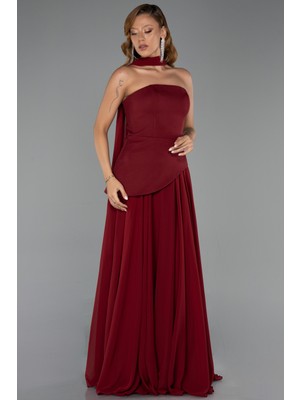 Abiyefon Straplez Peplum Kesim Şallı Uzun Şifon Abiye ABU6042