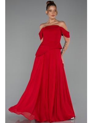 Abiyefon Kayık Yaka Peplum Uzun Şifon Abiye Elbise ABU6345