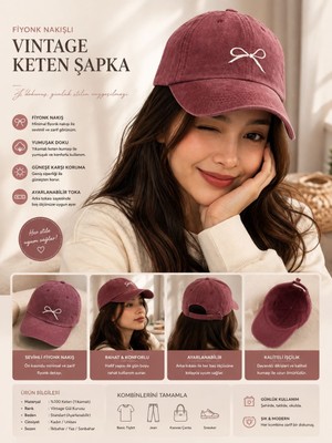A&B     Fiyonklu Vintage Keten Şapka
