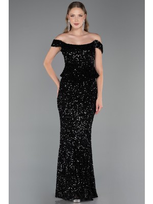 Abiyefon Kayık Yaka Peplum Kesim Uzun Pullu Abiye ABU6359