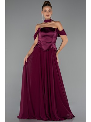 Abiyefon Kayık Yaka Saten Peplum Kesim Uzun Şifon Abiye ABU5327