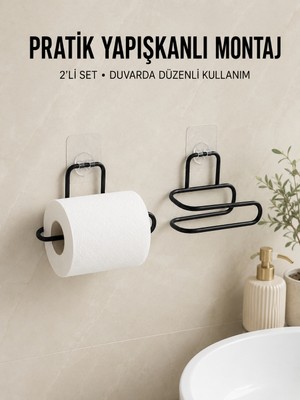 Arenes 2 Adet Yapışkanlı Wc Kağıtlık Siyah Metal Pratik Duvar Tipi Rulo Tutucu - Lisinya