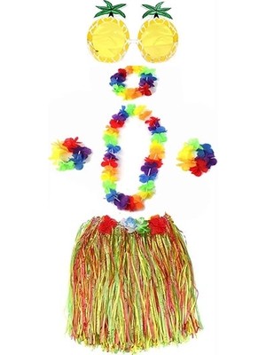 Ronanna Buğz Yetişkin ve Çocuk Uyumlu Luau Aloha Hawaii Rengarenk 40 cm Etek Ananas Şekilli Gözlük Hawaii Kolye Renkli Taç ve 2 Adet Bileklik Seti BX40