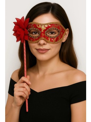 Ronanna Buğz Lüks Taşlı Saplı Maskeli Balo Maskesi Kırmızı Renk 35 cm BX40