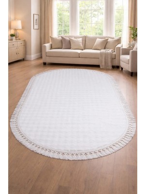 Modernsoft Pofina Krem Oval Saçaklı Makinede Yıkanabilir Kaymaz Tabanlı Modern Salon Halısı