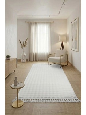 Modernsoft Pofina Krem Saçaklı Kaymaz Tabanlı Yumuşak Dokulu Modern Salon Halısı