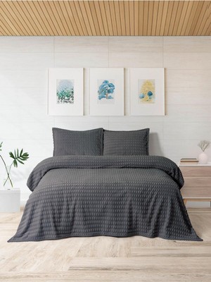Merinos Modern Twist 3 Parça Çift Kişilik Battaniye Seti Kutulu 220X240 Koyu Gri