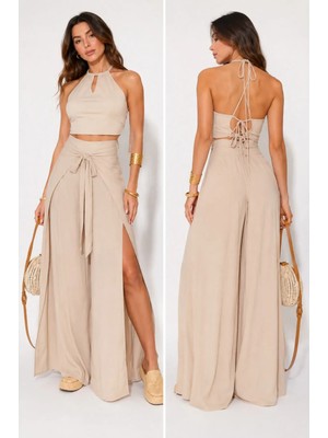 Meride Fashion Crop Bluz Sırtı Bağlamalı ve Bol Paça Pantolon Takım Aerobin Kumaş - 62373 Xl - Bej