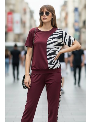 Mossta Zebra Desen Detaylı Kısa Kollu Ikili Takım - Bordo