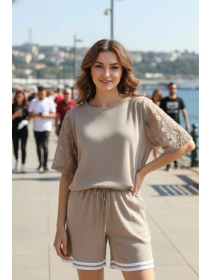 Mossta Bisiklet Yaka Waffle Bluz Şort Ikili Takım - Bej