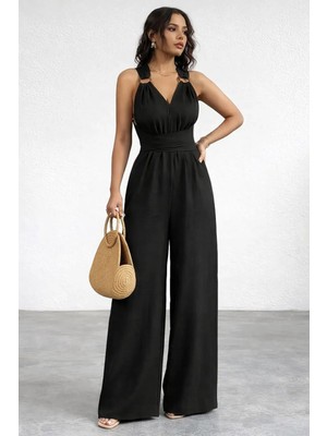 Meride Fashion Kadın Askılı Halka Detaylı Arkadan Çapraz Yazlık Tulum L/xl