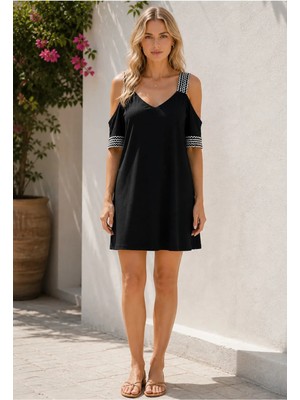 Meride Fashion Kadın Omuzlardan Açık V Yakalı Kısa Elbise S/m