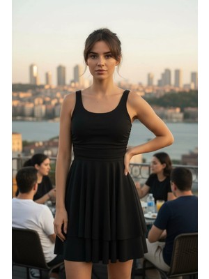 Mossta Askılı Volanlı Mini Sandy Elbise - Siyah