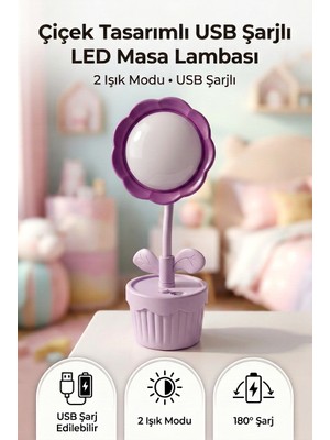 Saravita Çiçek Tasarımlı USB Şarjlı LED Masa Lambası 2 Işık Modlu Ayarlanabilir Gece Lambası