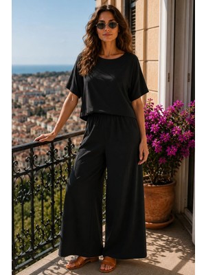 Mossta Kısa Kollu Oversize Bluz ve Geniş Paça Takım - Siyah