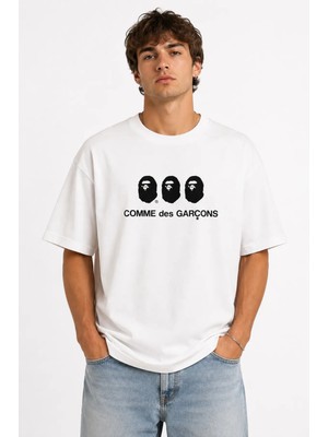 Unisex Kadın Erkek Bape Comme Des Garcons Ön Baskılı Tasarım Baskılı Oversize Kalın Kumaş Rahat Kesim T-Shirt