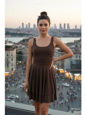 Mossta Askılı Volanlı Mini Sandy Elbise - Kahve