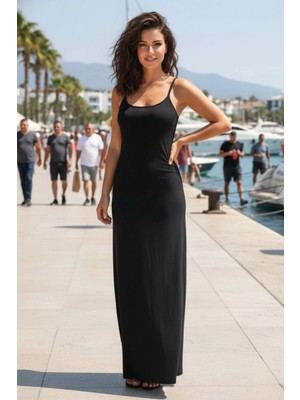 Mossta Ince Askılı Maxi Sandy Elbise - Siyah
