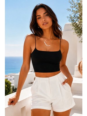 Mossta Siyah Ince Ip Askılı Atlet Crop Top
