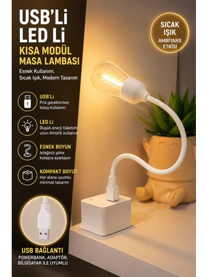 Ecuy Esnek Usb'li LED Gece Lambası Çalışma Okuma Masa Lambası Powerbank Uyumlu Taşınabilir Ultra Hafif Beyaz