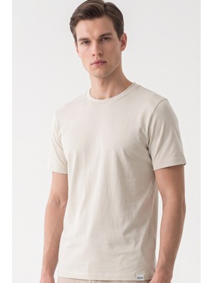 İmza Bej Bisiklet Yaka Kısa Kol Slim Fit Pamuklu Tişört 1011265166