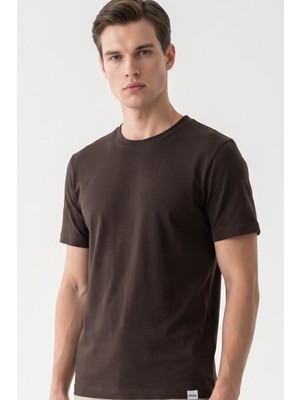 İmza Kahverengi Bisiklet Yaka Kısa Kol Slim Fit Pamuklu Tişört 1011265166